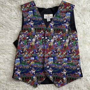 Vtg Art Of Silk Disney Vest Women's S Multicolor Mickey Mouse Goofy Donald Duck